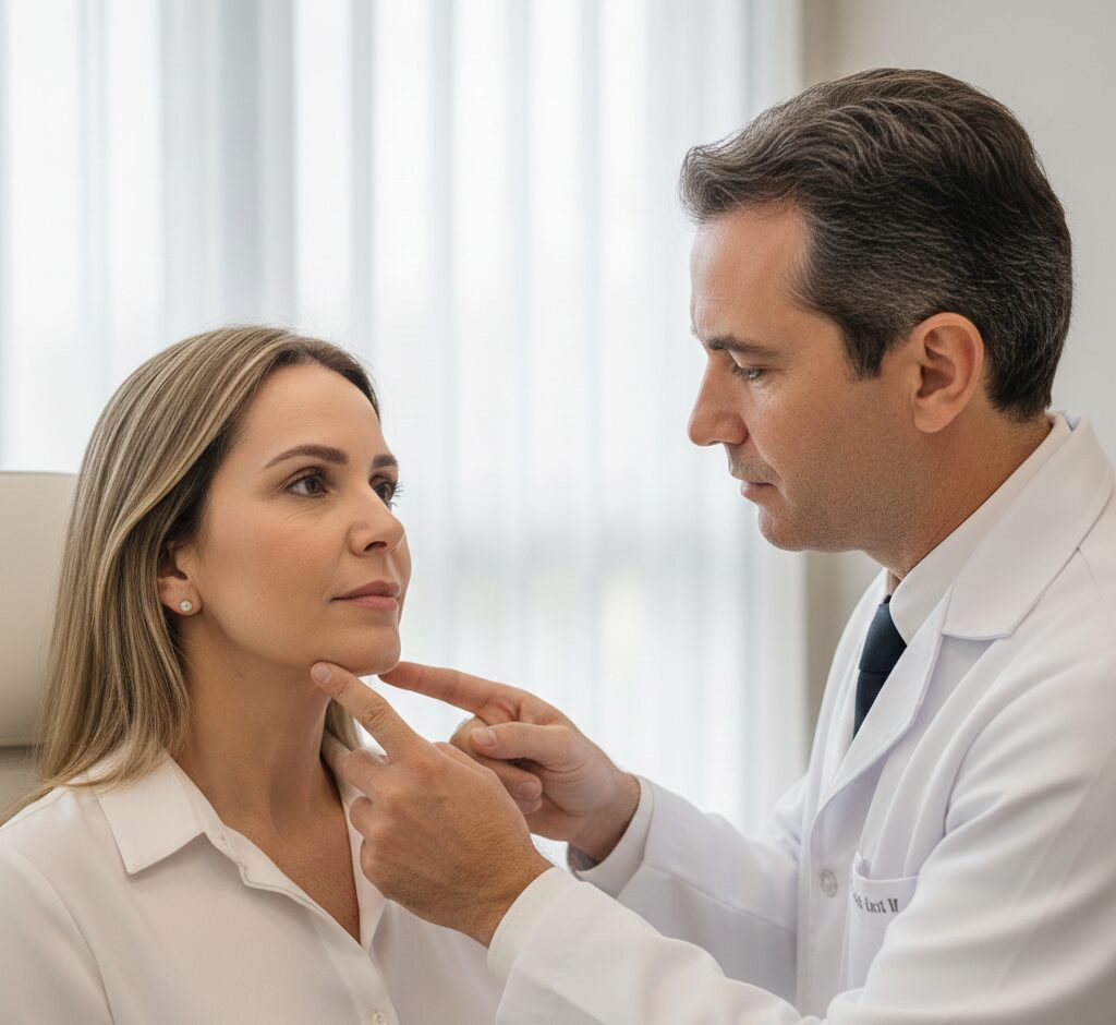 Médico especialista em gordura no rosto realizando análise de gordura facial de paciente feminina.