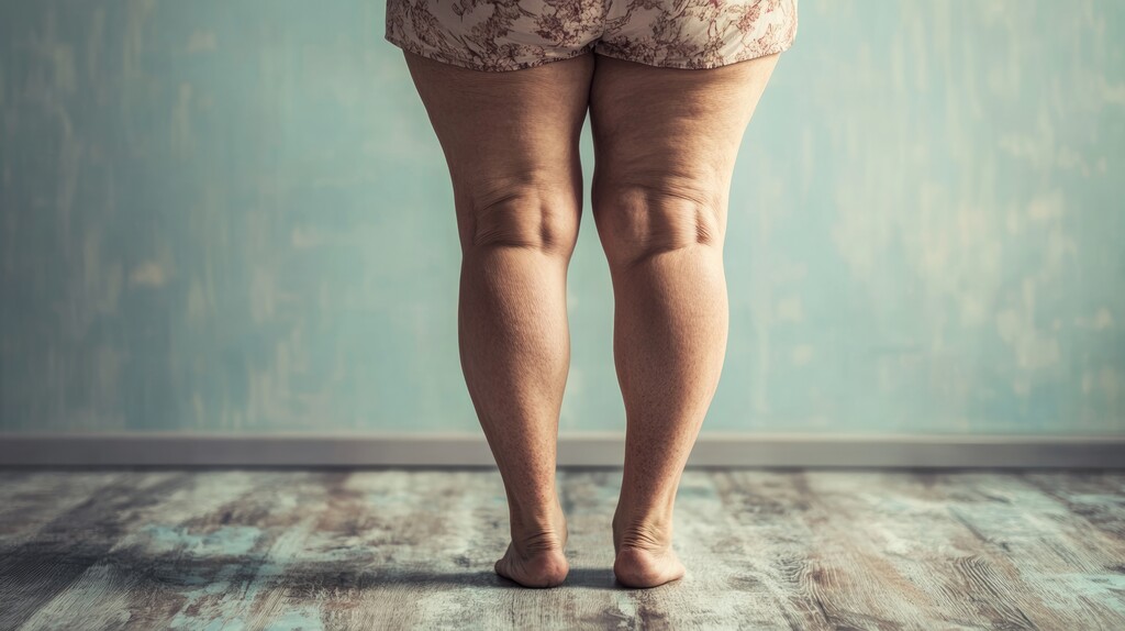 Vista de trás de pernas de mulher com celulite ou lipedema.