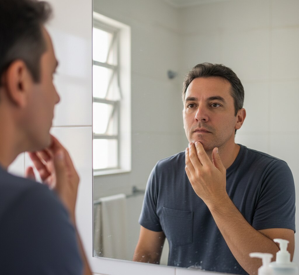 Homem em frente ao espelho, conferindo gordura facial.