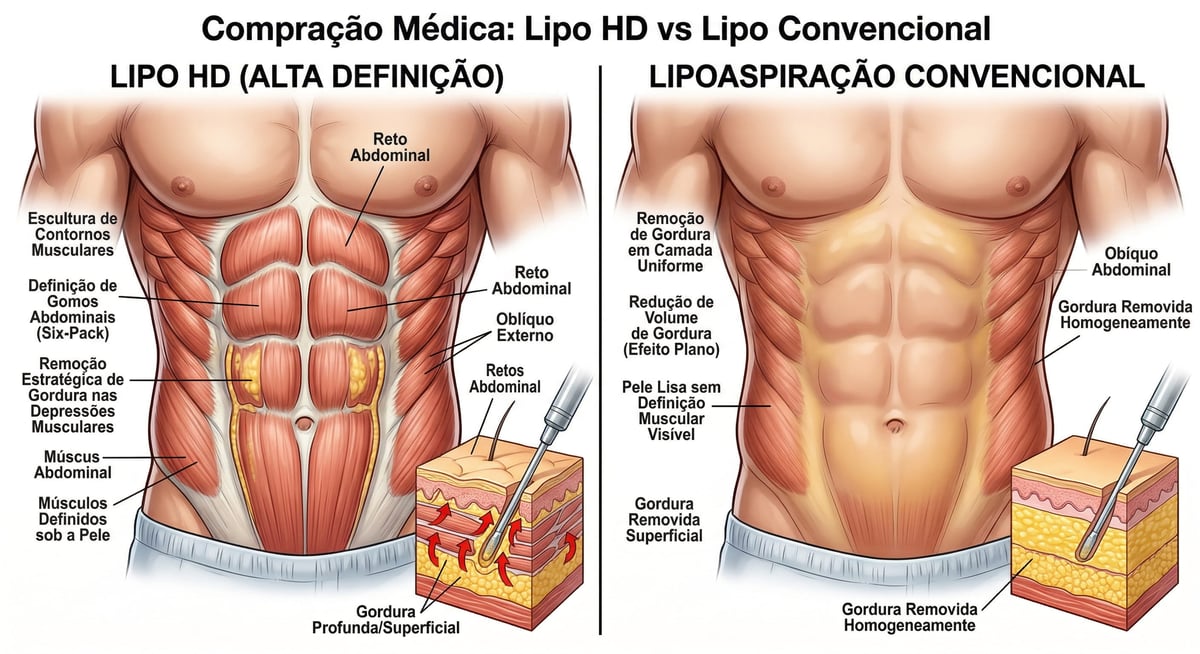Ilustração médica comparativa entre Lipo HD e Lipo Convencional na Clínica SER