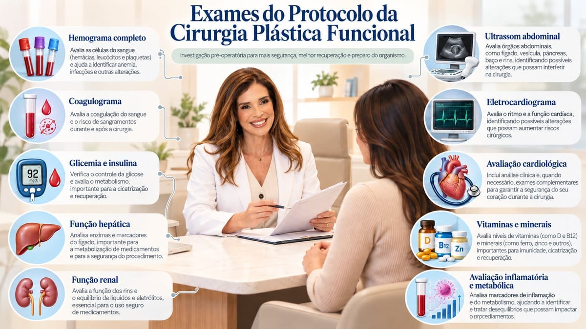 Exames pré operatórios feitos no protocolo da cirurgia plástica funcional, indicados pela Dra Cintia Rios