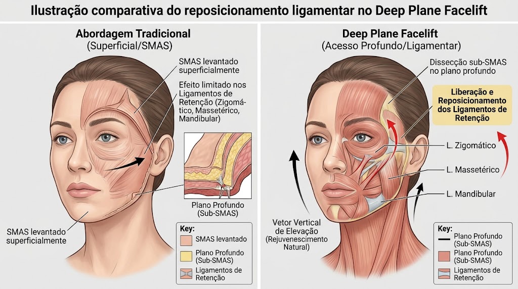 Ilustração comparativa do reposicionamento ligamentar no Deep Plane Facelift na Clínica SER, São Paulo