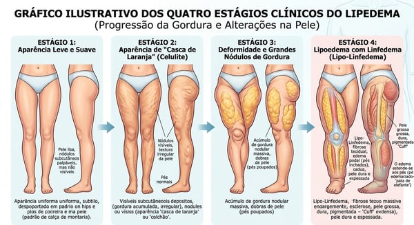 Gráfico ilustrativo dos quatro estágios clínicos do lipedema, mostrando a progressão da gordura e das alterações na pele das pernas.